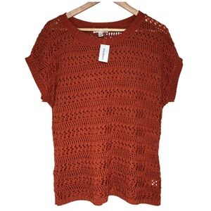 Dressbarn Made In Usa Open Knit Rust Orange Gold Thread Dolman Sleeve Top L New